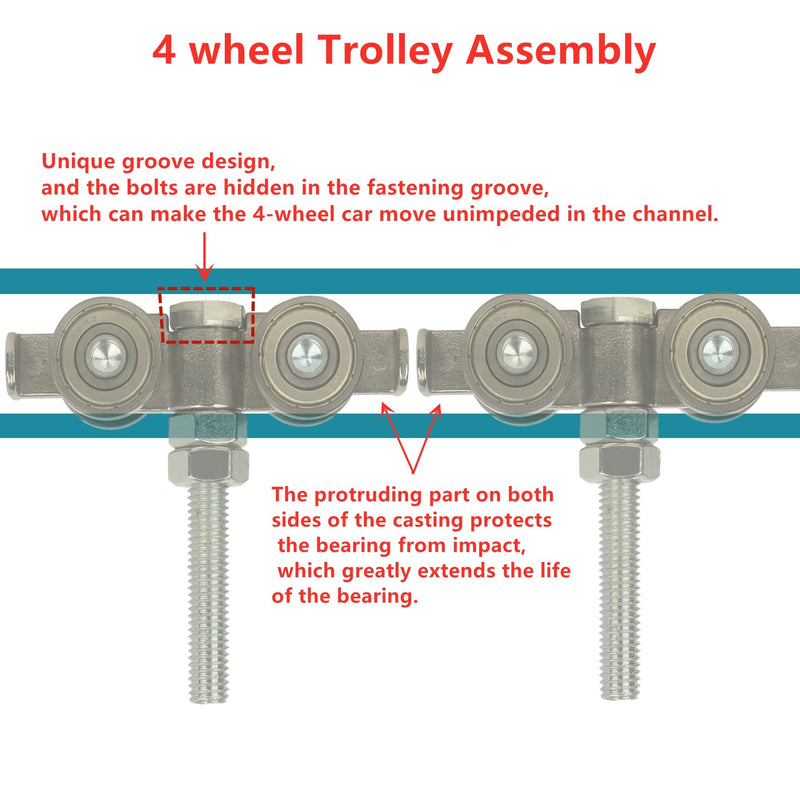 BiJun 4 Wheel Rolley Assembly,Strut Channel Trolley Rollers Wheel for 1-5/8" Wide and All 1-5/8" or Taller unistrut Strut Channel to Mount Heavy Barn or Shed Sliding Doors(2PCS)