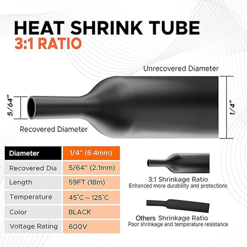 Heat Shrink Tubing 1/4", 3:1 Ratio Shrink Tube Industrial and Marine Grade, Dual Wall Adhesive Lined Wire Shrink Wrap Tubing, 59 Feet Roll 1/4" 59 Feet Black