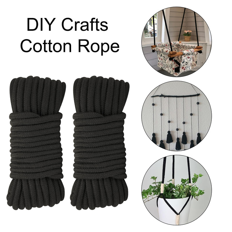 2Pcs Soft Cotton Rope, 66Ft x 8MM Thick Rope, Black Cotton Rope, Soft Tying Long Rope for Hanging Clothes, Binding Luggage and Home Decoration(2pcs x 33ft)