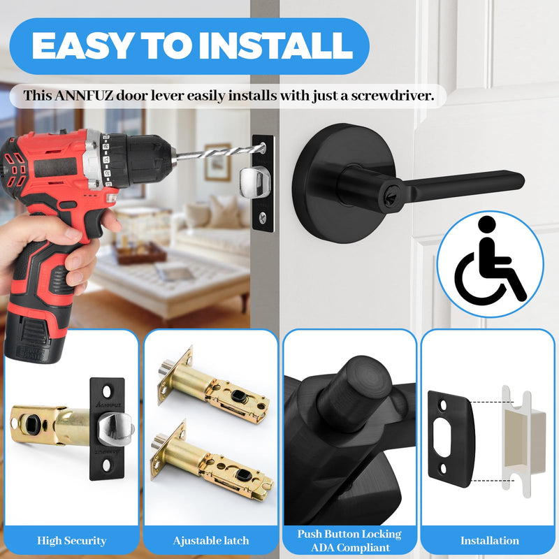 Entry Round Push Button One-Touch Locking Door Handle with Keys,Interior Non-Handed Opening,Reversible Left Right Door Knob,ADA-Compliant,Entrance Lever Lock for Office,Bedroom,Bathroom Matte Black Entry