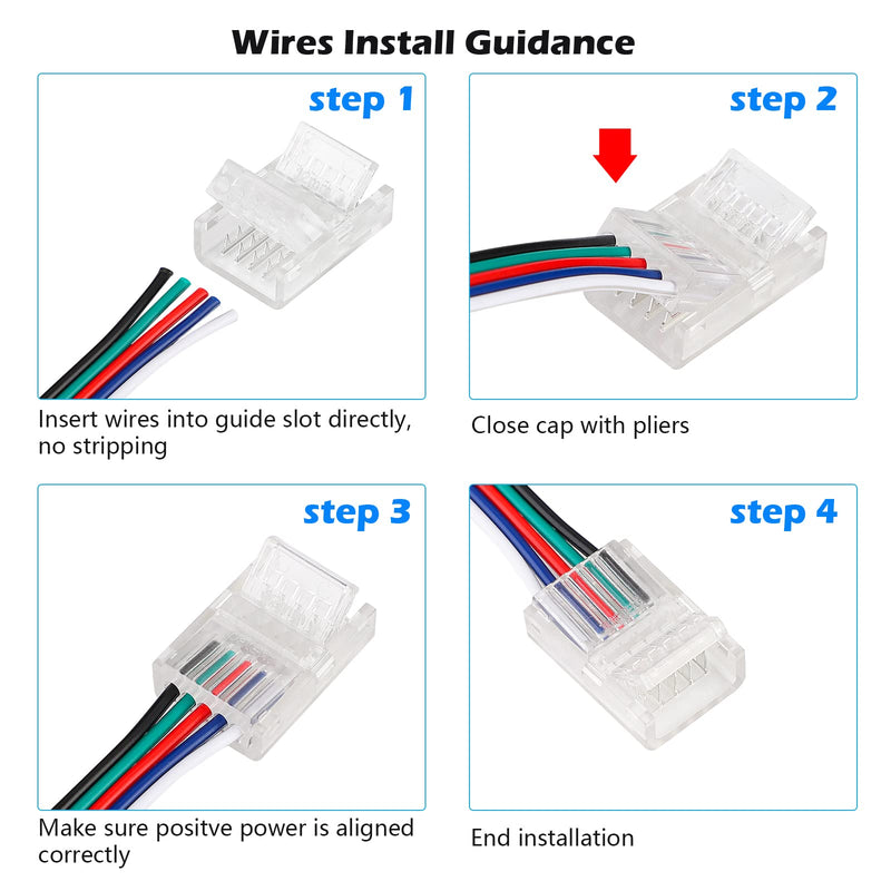 HOMELYLIFE 5 Pin LED Strip Connectors 12mm Solderless 10 Pcs with 16.4ft Extension Cable 5 Conductor for Waterproof or Non-Waterproof 12mm Wide RGBW RGBWW LED Strip Lights 5pin 12mm