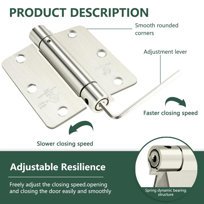 Self Closing Hinge 3 ½"x 3 ½" Satin Nickel Auto Close Adjustable 3 1/2 Inch Spring Hinges Door Closer Hinge 1/4" Radius Corner for Commercial Grade Auto Self-Closing 3 Pieces Satin Nickel 1/4" Radius