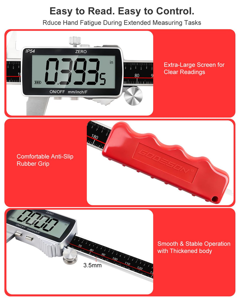 GODESON 8" Digital Caliper, 0.001" Precision Rechargeable Vernier Caliper - USB-C, IP54 Protection，Full Stainless Steel, Inch/MM/Fraction, Large LCD Measuring Tool for Machining, DIY & 3D Printing