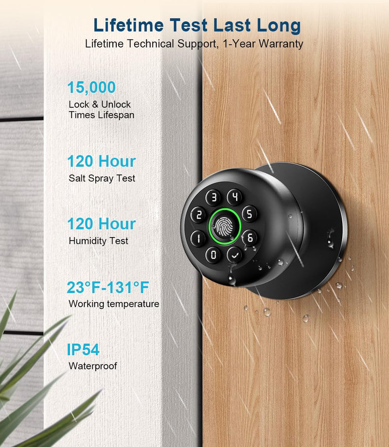 Fingerprint Door Lock, Smart Fingerprint Door Knob with Keypad, Biometric Door knobs with App Control, Auto Lock Door Lock with Code, Keyless Door Knob with Locks for Bedroom, Home,Office-Matte Black Matte Black