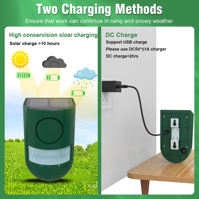 ChunHee Solar Motion Sensor Alarm Outdoor 4 Working Mode Motion Activated Alarm 129dB Loud Sound Noise Maker IP65 Waterproof Motion Detector with Strobe Light for Yard Farm Garden 4PC