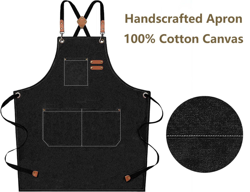 AFUN Chef Aprons for Men Women with Large Pockets, Cotton Canvas Cross Back Heavy Duty Adjustable Work Apron, Size M to XXL (Black) Black