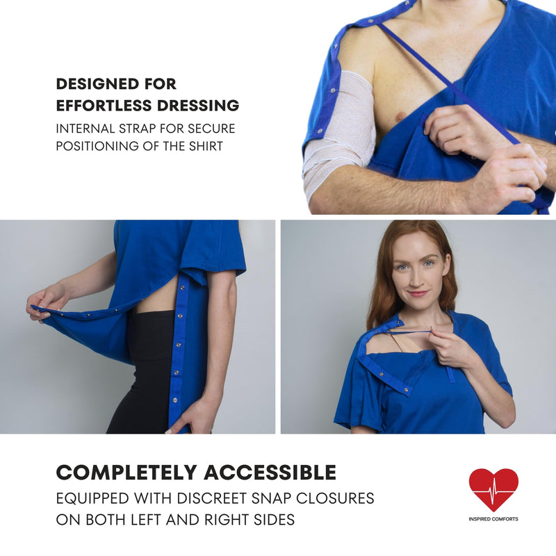 Inspired Comforts Unisex Post Surgery & Rehab V Neck Dual Access Snap Shirt X-Large Blue