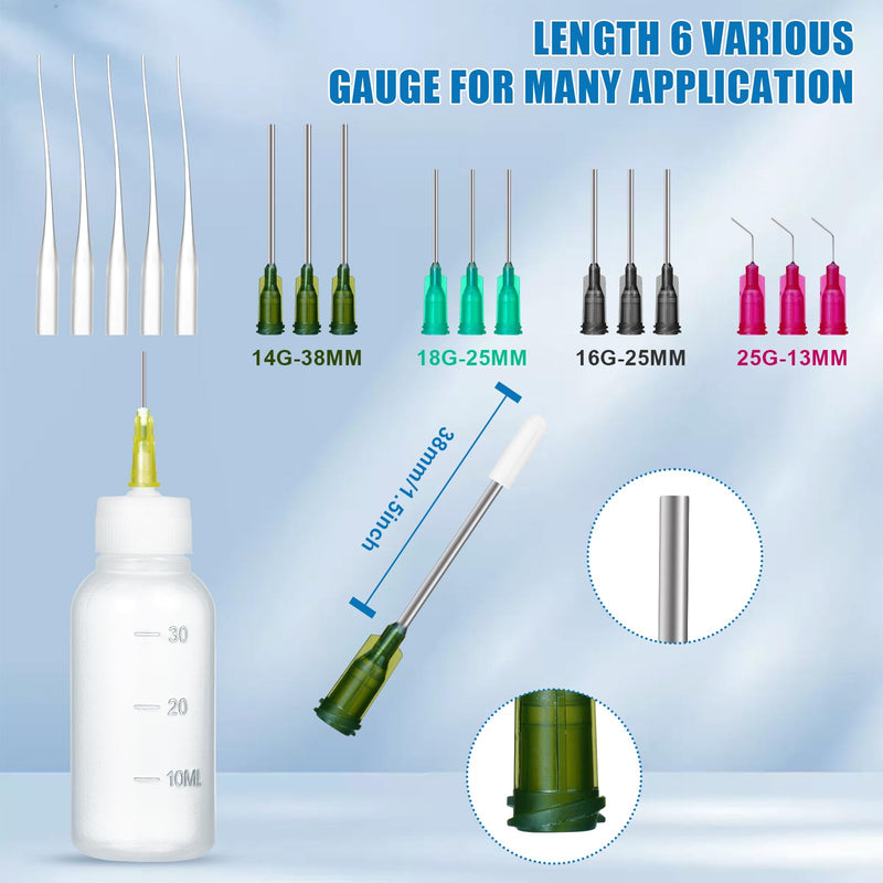 30ml Glue Precision Tip Applicator Bottle,Needle Tip Squeeze Bottle with 14ga 16ga 18ga 20ga 25ga Blunt Needle Oiler and Storage Caps 30ml