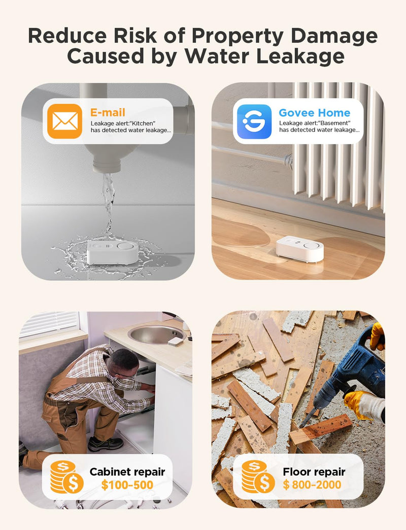 Govee WiFi Water Sensor 3 Pack, Smart Water Leak Detector, 100dB Adjustable Alarm Suit for Home and Basement, Water Leak Alert with Email & APP Push 3 sensor + Gateway