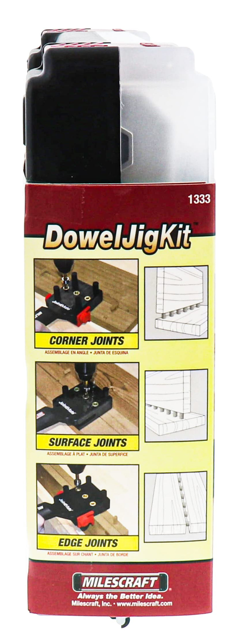 Milescraft 1333 Dowel Jig Kit - New, Improved, Self-Centering Handheld Dowel Jig with 3 Metal Bushing Sizes (1/4in, 5/16in, 3/8in) - Complete Doweling Jig Kit with all Accessories HARDWARE