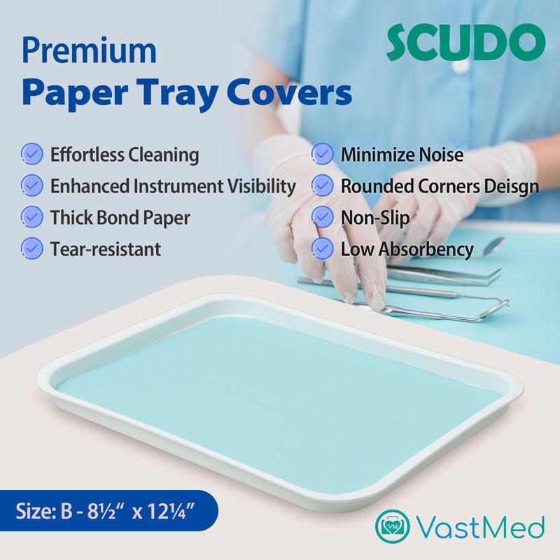 1000PCs Dental Grade Scudo Premium Paper Tray Covers Size B (8.5"x12.5") by VASTMED | Disposable Tray Covers for Dental Tray, Sterile Tattoo Tray, Surgery Tray Blue