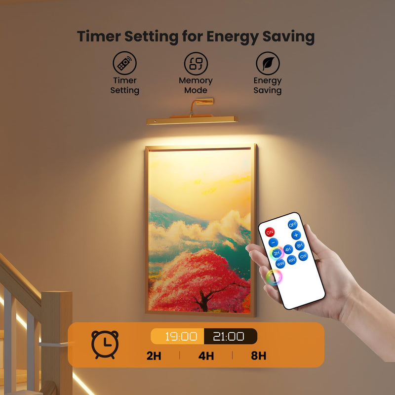 Picture Light Gold, 16in Battery Operated Picture Lights for Paintings,Remote Control Display Art Light with Timer and Dimmable for Wall Painting,Frame, Portrait, Photo,Dartboard 1 Pack