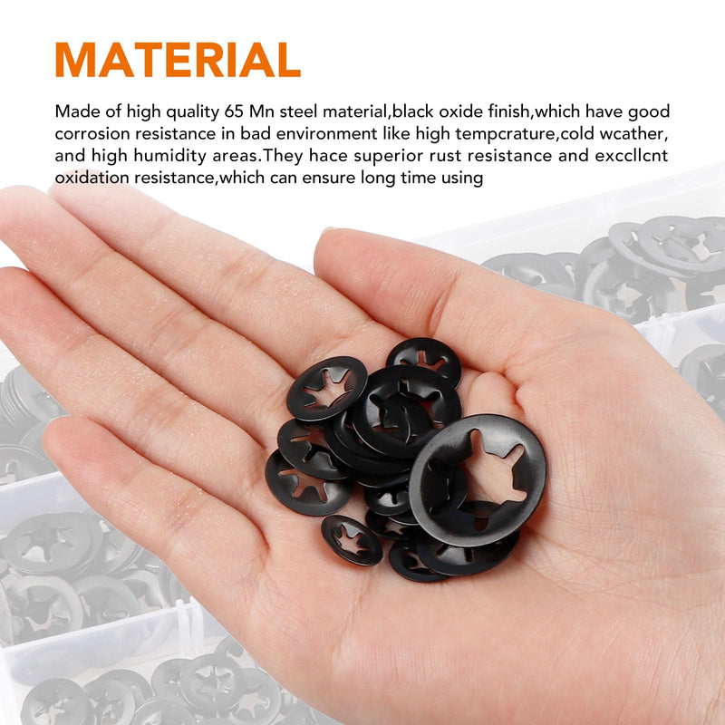 350Pcs Internal Tooth Star Lock Washers M3/M4/M5/M6/M8/M10/M12 Push On Speed Clips Fasteners Assortment Kit (Black) Black