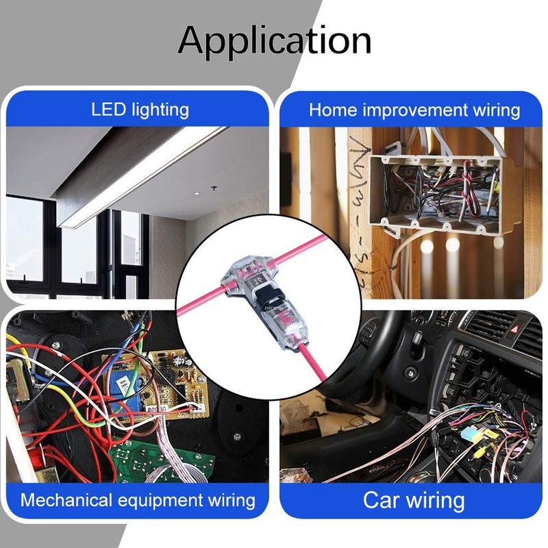 Wiring T Connector 1 Pin for 20,18 AWG and 16AWG Wire Splice,Tap Branches to Main Wire,Max DC/AC 300V 15A Conductor Capacity,High Precision Copper,Heavy Duty Housing,Clear,10PCS