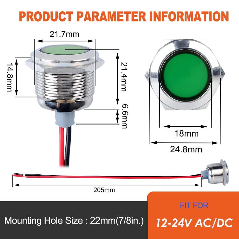 2PCS 22mm (7/8") LED Indicator Light, 12-24V AC/DC 20mA Energy Saving Metal Waterproof IP67 Single lamp LED Pilot Lamp Flat Head with 20cm/7.87in. Wire for Car Truck Boat(Green LED) Green 12-24V 22mm