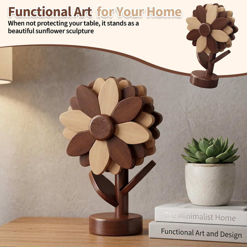 5 Wooden Trivets for Hot Dishes-Sunflower Kitchen Decor, Heat Resistant Foldable, Hot Dishes Tree Shape Trivet Set for Hot Pot Holders Bowl Pot, Housewarming Gifts (Walnut & Beech Wood, L) Walnut & Beech Wood Large