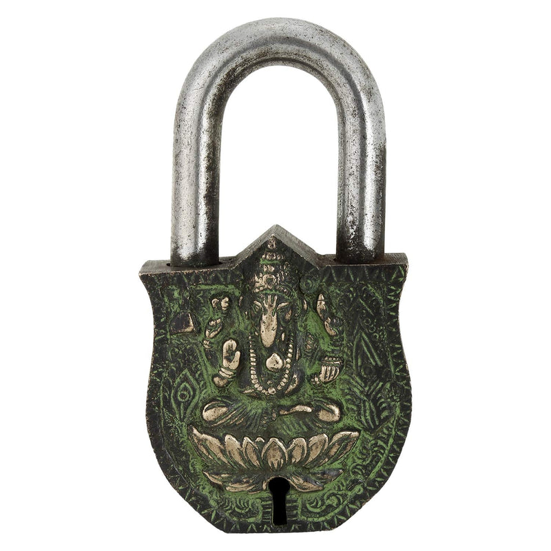 Zap Impex Decorative Ganesh Engraved Solid Brass Shutter Padlock with Natural Patina in a Beautifully Decorated Padlock Ornamental Antique Handmade Lock for Safe.
