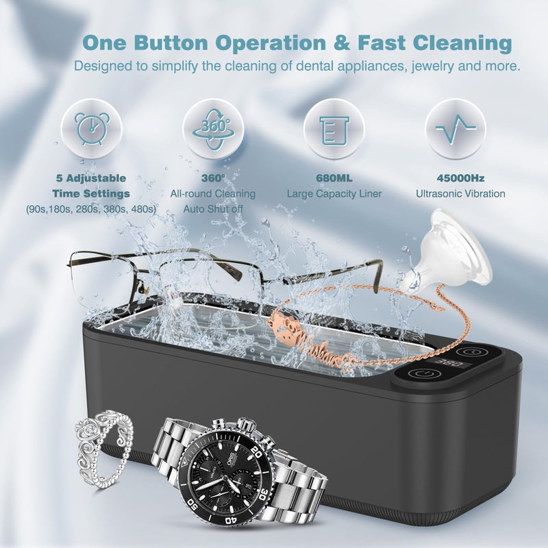 Ultrasonic Retainer Cleaner Jewelry Rings Dentures 23oz (680ML) 360° Deep Cleaning 45KHz Professional Lab Ultrasonic Glasses Cleaner with 5 Digital Timer and Watches Stand Sonic Cleaner Machine 680ML