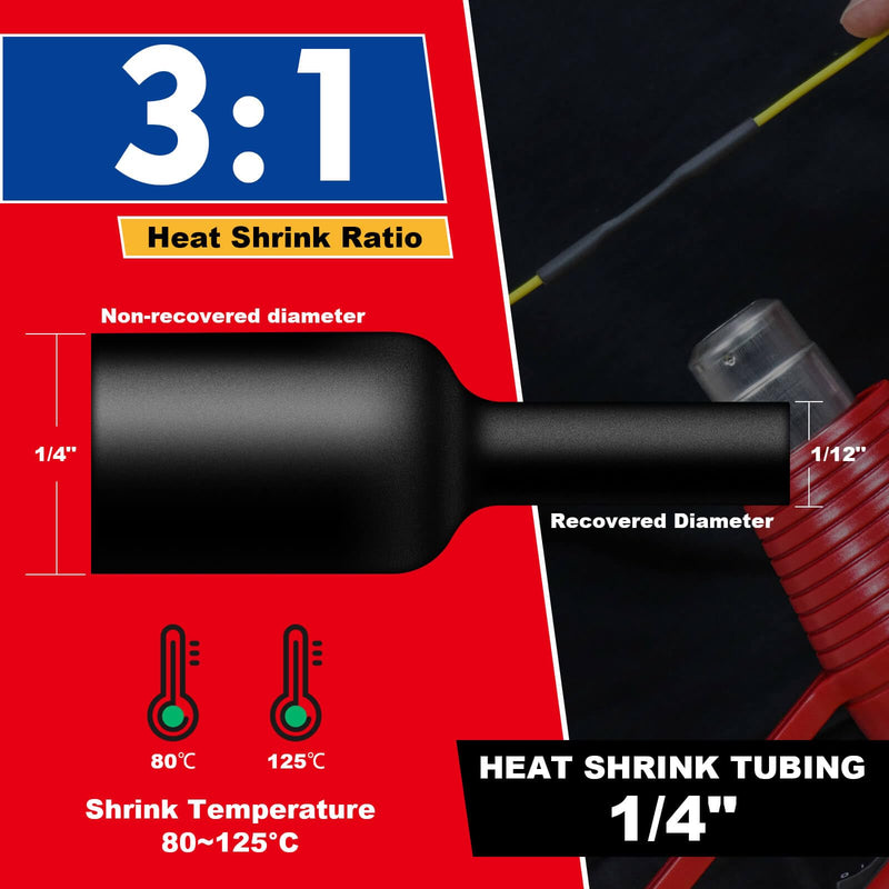 1/4" Heat Shrink Tubing, 65FT Marine Grade 3:1 Shrink Ratio Shrink tubing, Adhesive Lined Heat Shrink Tube, 1/4 Waterproof Shrink Tube for Wires Home Automotive-Black 1/4"(6.4mm) 65Ft(20m)