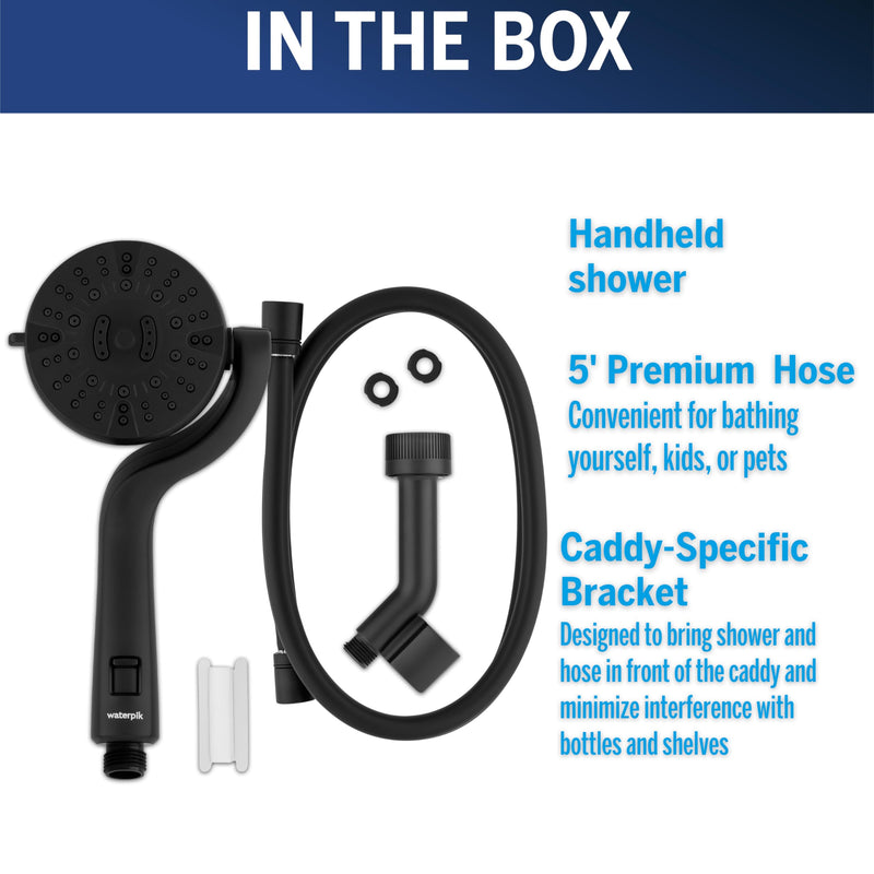 Waterpik Caddy Buddy Pivoting Hand Held Shower Head With 5-Foot Hose, 5-Mode with High Pressure Sprays, Matte Black, PHO-555E
