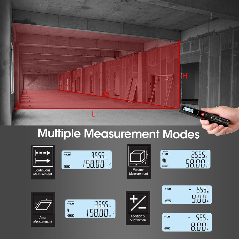PREXISO Pocket Laser Measurement Tool, 135Ft Laser Distance Meter Backlit Display Laser Measure with Pen Clip Ft/Ft+in/in/M Unit - Pythagorean, Distance, Area, Volume Modes for Home, Industries Black 135 Ft