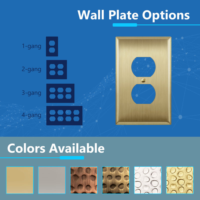 LIDER Duplex Receptacle Metal Wall Plate, Stainless Steel Outlet Cover, Corrosion Resistant, Mid-Size 1-Gang 4.88" x 3.11", 201 Stainless Steel, LMWP-21M-BB, Brushed Brass 1 Gang 1 Pack