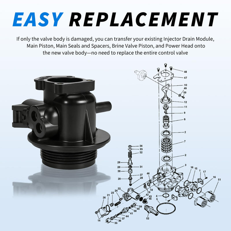 61400-12 Downflow Valve Body Assembly 1 inch Dist. Compatible with Pentair Fleck 5600 Water Softener Valve,Replacement Old Part Number 14449 Lower Valve Body