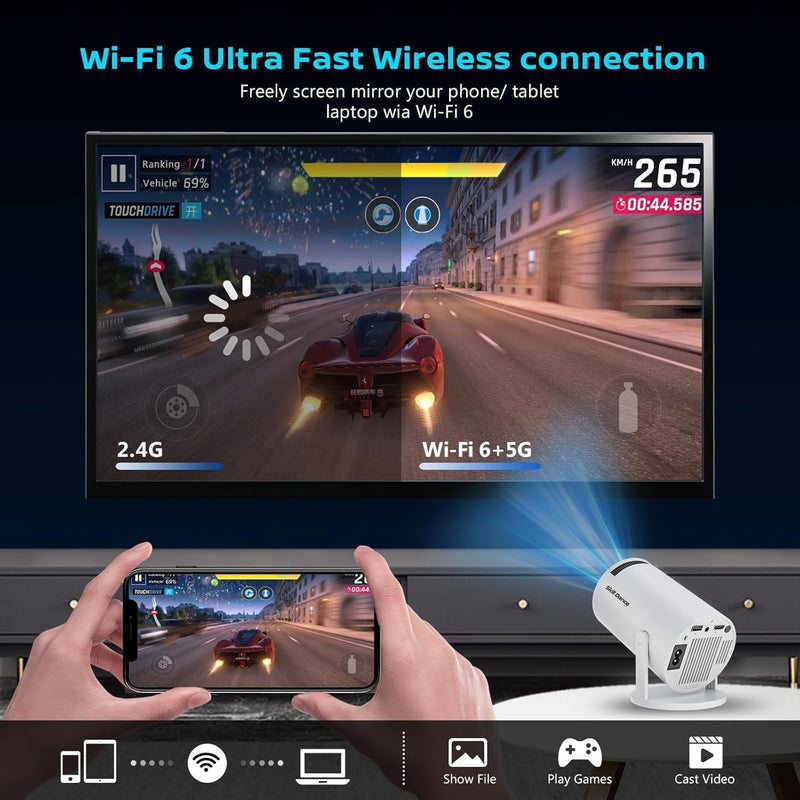 Mini Projector with WiFi 6 & Bluetooth 5.3, Smart Portable Projector 4K Support 200ANSI, Auto Keystone, 180° Rotatable, Android 11 Home Outdoor Movie Projector HY300pro+