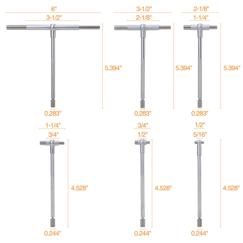 6 Pc Telescoping Gage Set Premium 5/16'' - 6" Range, High Precision T-Bore Hole Gauges, Satin Chrome Finished