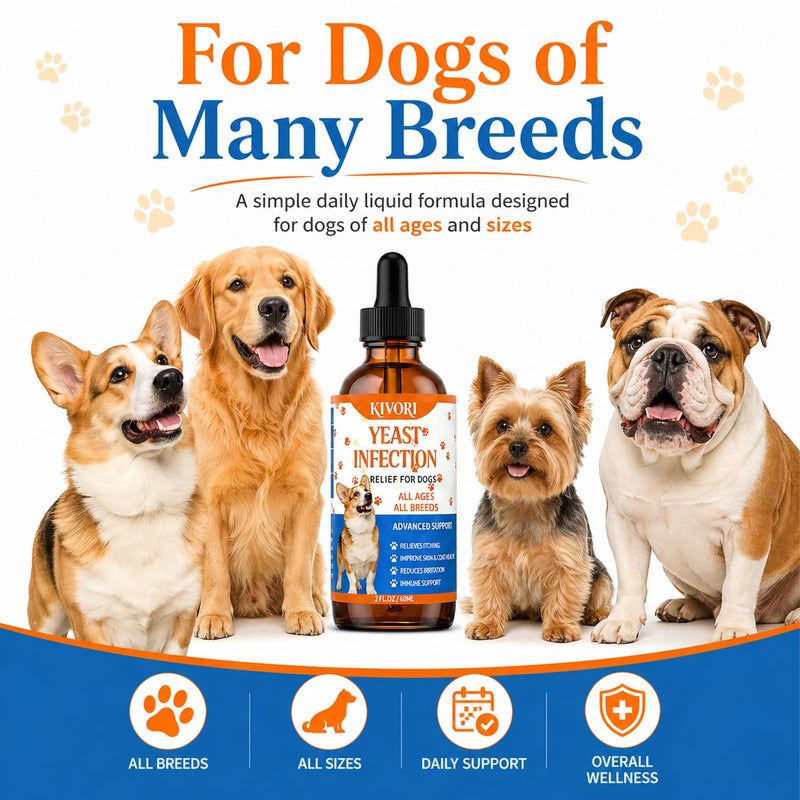 Kivori Yeast Infection Drops for Dogs, 2fl.Oz/60ml Yeast Infection Treatment for Dogs, Anti Yeast Drops, Ear and Paw Itch, Herbal Dog Supplement Drop for All Ages All Breeds. (3PCS) 3PCS