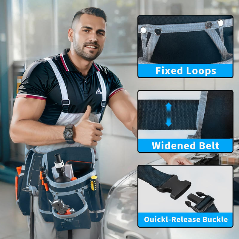 DOFF Men's Black Tool Belt - Heavy Duty Utility Belt with Removable 26 Pockets, Magnetic Tool Pouch, Tool Belt for Electricians and Carpenters, Multi-Purpose Tool Belts for Men and Women Medium