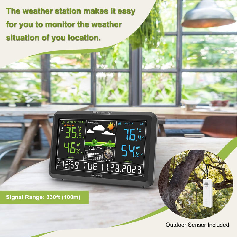 DreamSky Weather Station Indoor Outdoor Thermometer Wireless with Digital Atomic Clock for Home, Large Display with Dimmer, USB Port, Inside Outside Temperature Humidity Monitor (Adapter Powered) Black (Plug-in)