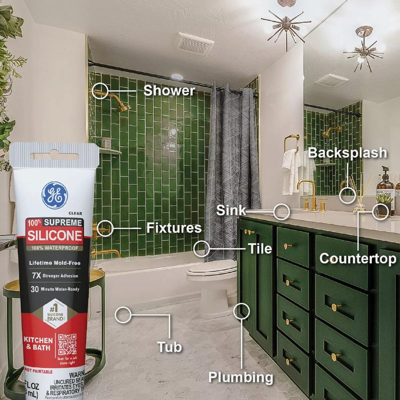 GE Supreme 100% Silicone 30 Min. Water-Ready caulk, 2.8 oz tube, White