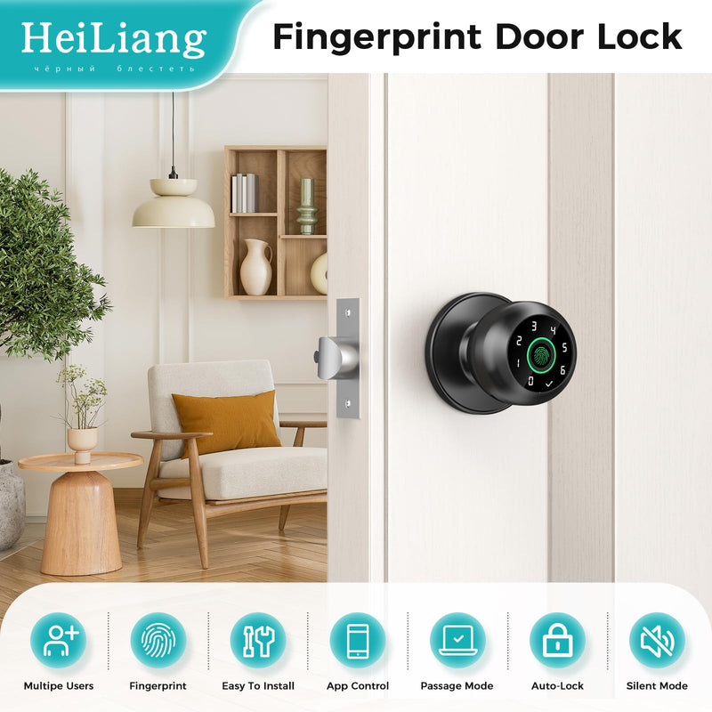 Fingerprint Door Lock，Fingerprint and Keypad Input Smart Door knob, App Controlled Biometric Door Lock, Keyless Entry, Bedroom, Office, Hotel, Apartment Auto Door knob (Black) Metallic Black