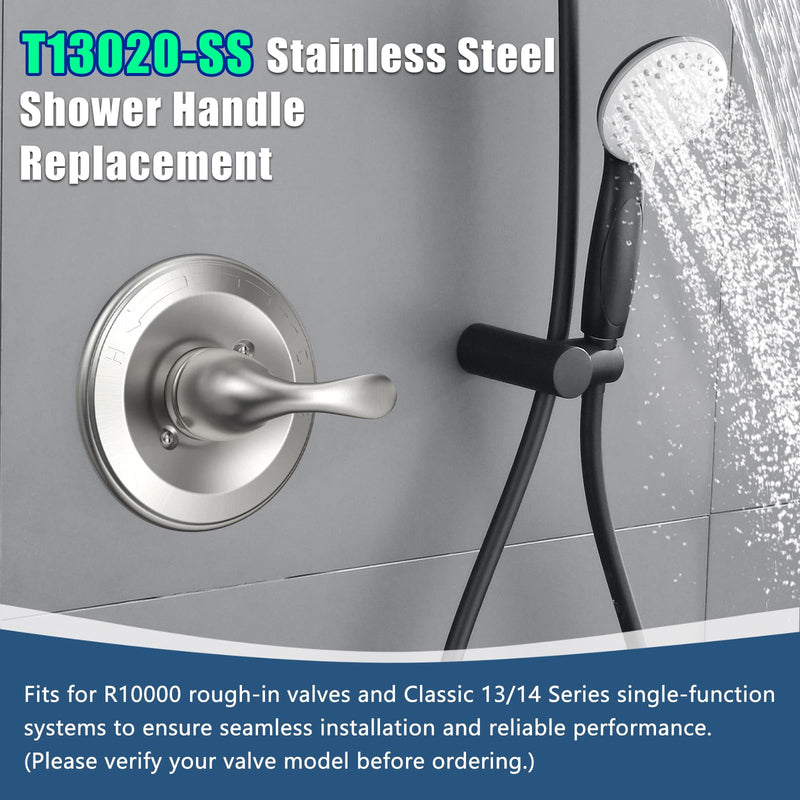 T13020-SS Brushed Nickel Shower Handle Replacement for Delta Classic 13/14 Series Single-Function Handle Trim Kit, Compatible with Shower Valve R10000 Series (RP46074 Included) C