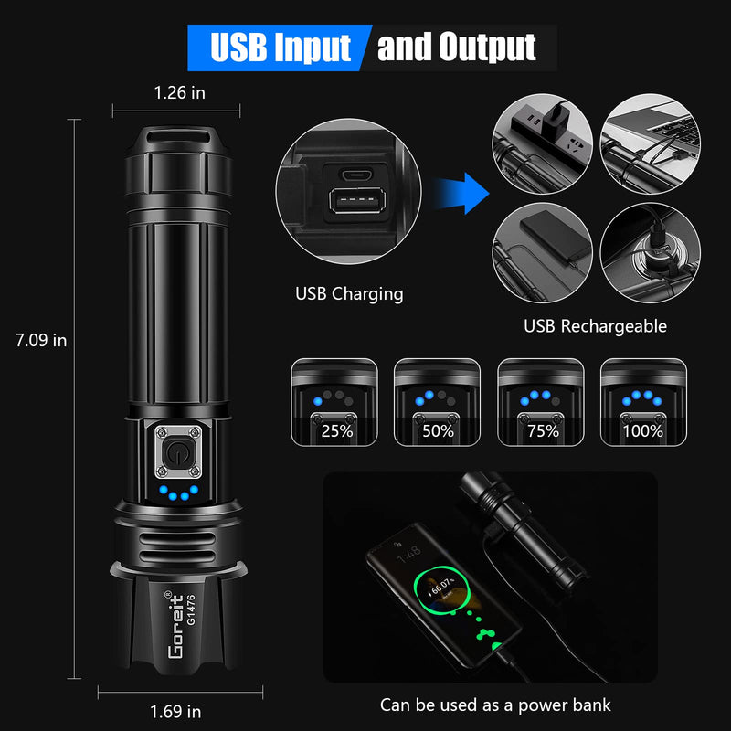 Goreit Super Bright LED Flashlight - 30W Output for 50000 Lumens & 3937ft Beam, USB-C Rechargeable with 12H Runtime, IP67 Waterproof Powerful Handheld Linternas for Home, Camping, Hiking, Emergency Black