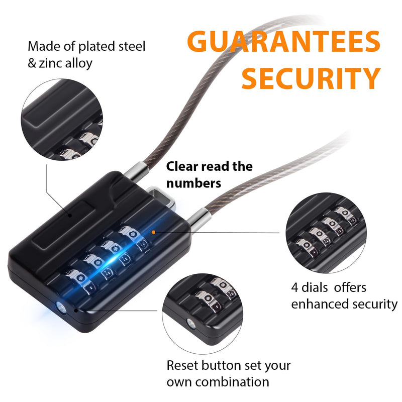 SEPOX® Compact Design Resettable Combination Padlock 4 Digit, 30mm 1-3/16" Width Body, Extra Long 16cm Cable Lock for Suitcase, Travel, Gym Lockers, Helmet, Cabinets, Case, Fence, Pack of 4 Black Black 16cm 4pcs