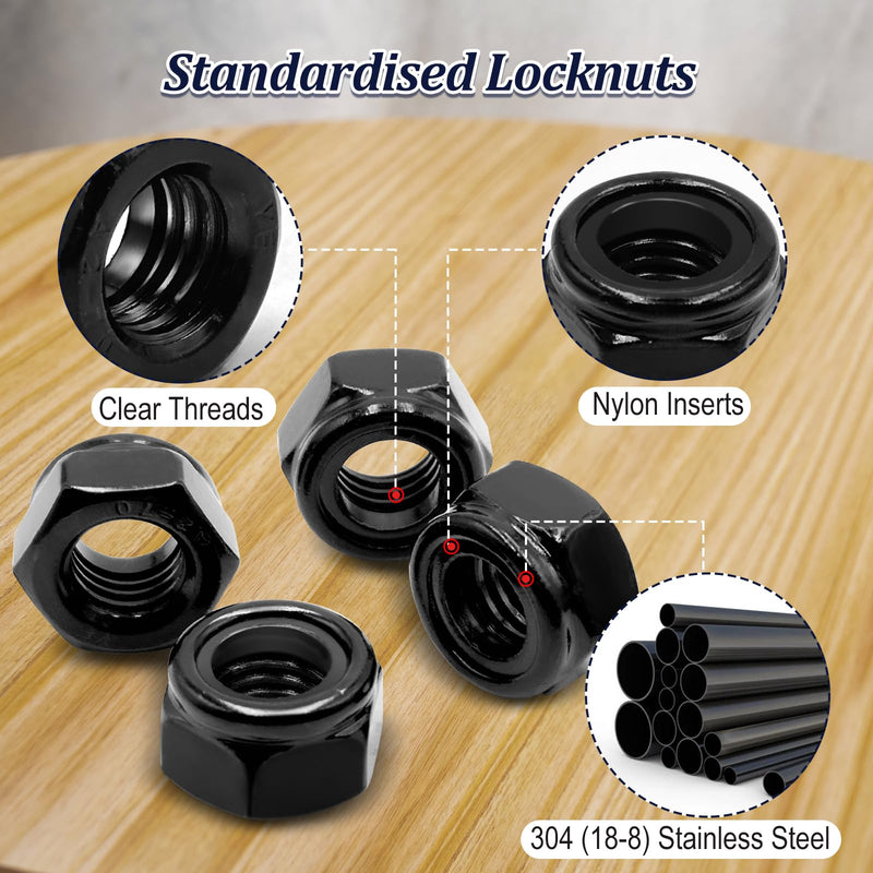 ZQZ 180 Pack Black Locknuts Assortment Kit, M3 M4 M5 M6 M8 M10 M12 Metric Black Nylon Insert Lock Nuts Set, 304 Stainless Steel Standard Threaded Black Nylock Nuts 180 Pack;Metric Locknuts