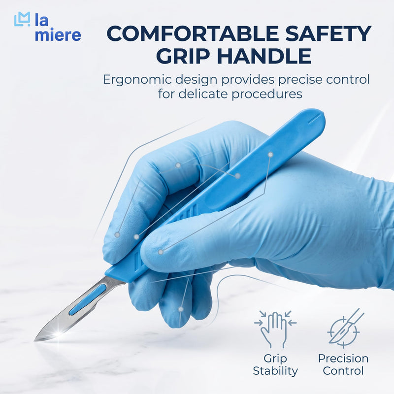 LA MIERE 10-Pack Disposable Surgical Scalpel (#22) Knives, Sterile Stainless Steel Blades, Plastic Handles, Individually Foil Wrapped #22