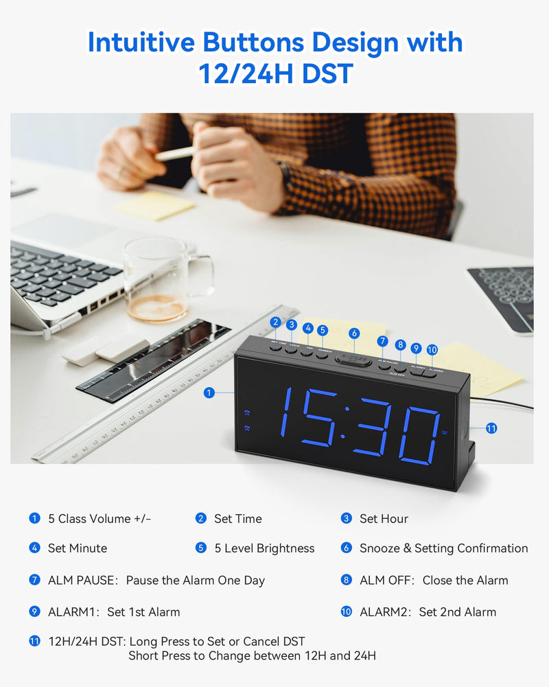 Simple Digital Alarm Clock for Bedroom - Easy to Use with Large 7.5" Display, Dual Alarms, Dimmable, USB Charger & Battery Backup, 12/24H & DST - Plug-in Electric Clock for Heavy Sleepers, Kid, Senior Blue Digits