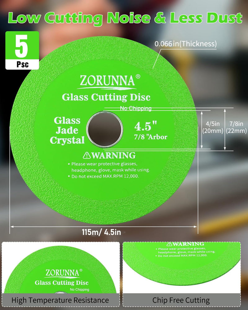 Glass Cutting Disc for 4-1/2" Angle Grinder, 5 Pack Green Glass Ceramic Diamond Cutting Blade Disc 7/8" (Model 115/125) for Grinding Glass, Jade, Crystal, Wine Bottles, Tile. 5Pcs 4.5"