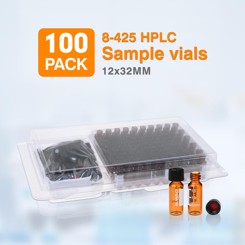 2 ML Autosampler Vial, Amber 8-425 HPLC, 8mm Chromatography Lab Vial with Writing Area, Black Screw Cap&Septa, 100 pcs