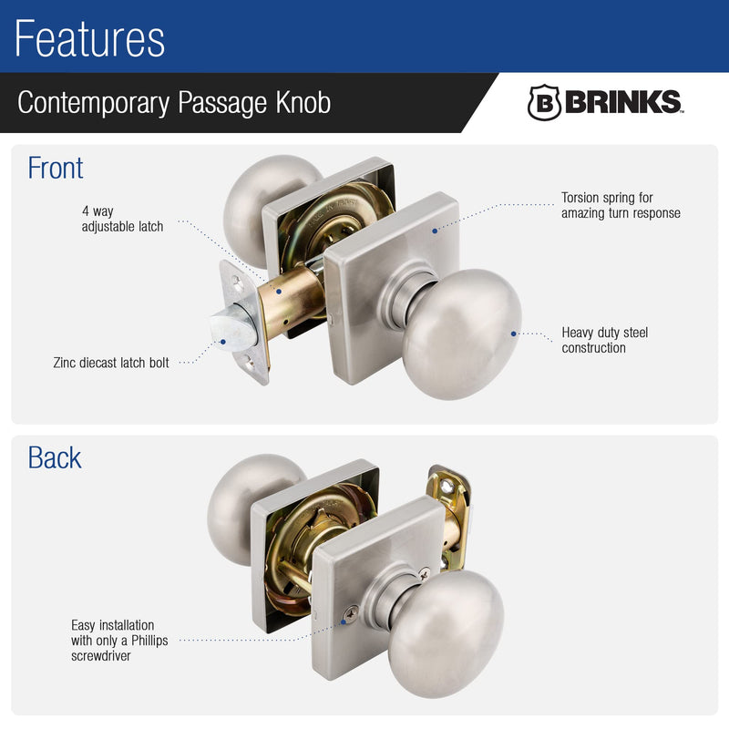 BRINKS Contemporary Passage Ball Door Knob, Modern Lock Set, Interior Door Knobs for Sleek Home Decor - Satin Nickel (Pack of 6) 1 Pack