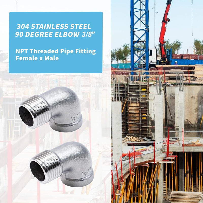 2Pcs 304 Stainless Steel 90 Degree Elbow 3/8" NPT Threaded Pipe Fitting Female x Male 3/8" MNPT × 3/8" FNPT