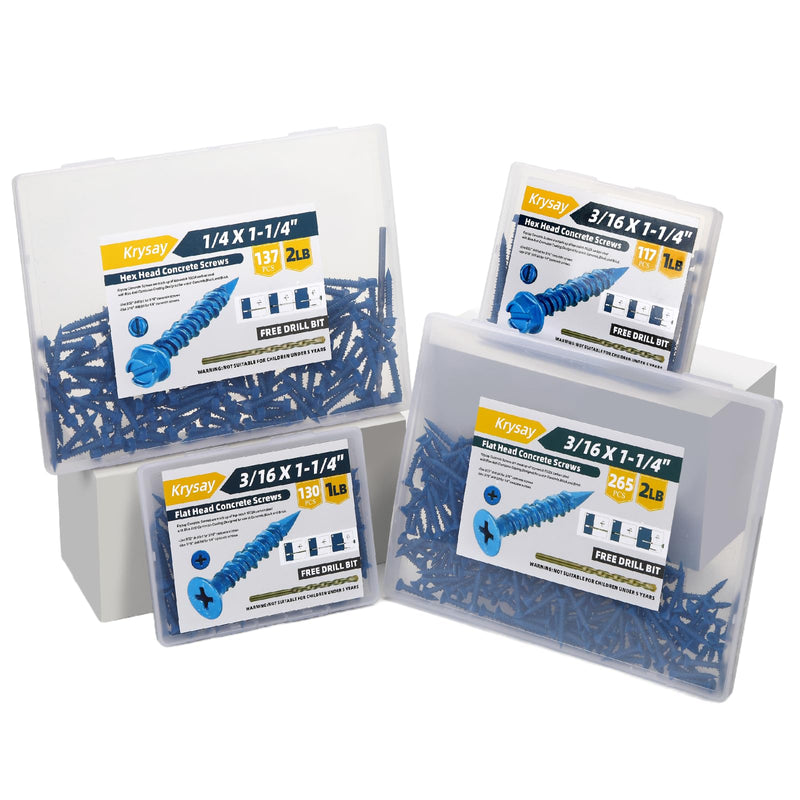 53Pcs 1/4 x 1-3/4 in Concrete Screws with Drill bits,Masonry Screws for Concrete Assortment Kit,Hex Head Block Cement Stacoo Screws and Anchors,Diamond Point,Blue Coated(1LB) 1/4×1-3/4 In Blue-Hex