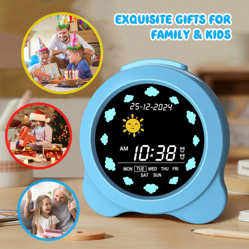 Kids Alarm Clock, Sun & Moon LED Display with Day & Date, Children's Sleep Trainer with Night Light & Sleep Sounds, Cute Wake Up Clock for Kids Bedroom, Easy to Use Birthday Gift for Boy and Girls Sky Blue