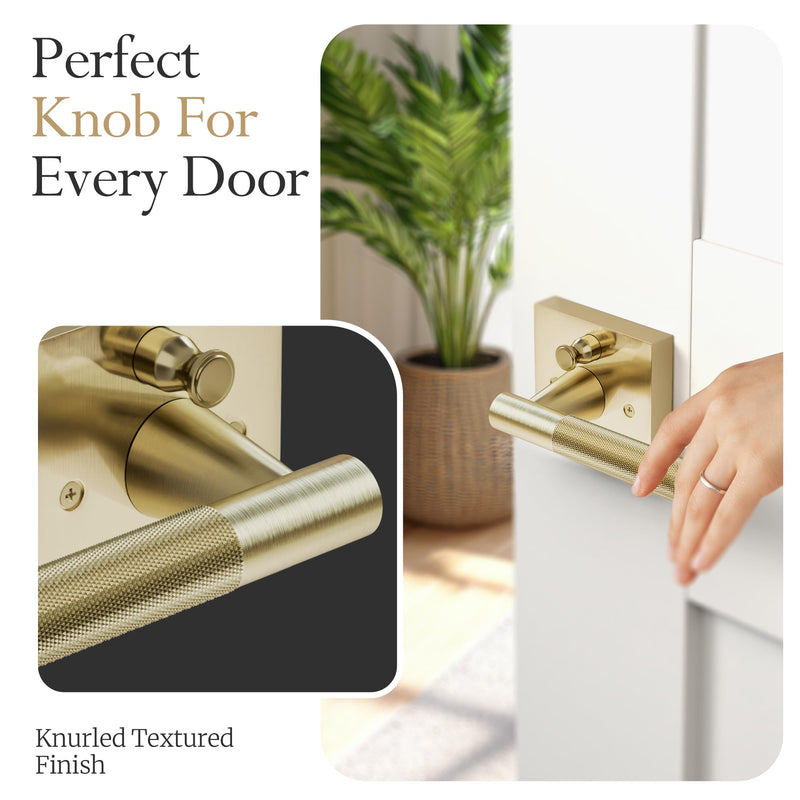 Premium Polished Satin Brass Door Handles for 1 3/8" - 2" Compatible Doors – Soft Gold Handles Interior with Lock - Easy Installation, Reversible, Button Lock (Privacy Lock)- Designed by Architects Privacy (Locking)