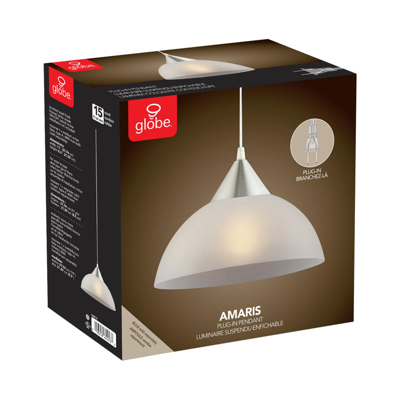 Globe Electric 64413 1-Light Plug-in Pendant, Brushed Steel, Frosted White Shade, 15ft Clear Cord, in-Line On/Off Switch, E26 Base Socket, Kitchen Island, Café, Hanging Light, Bulb Not Included Without Bulb
