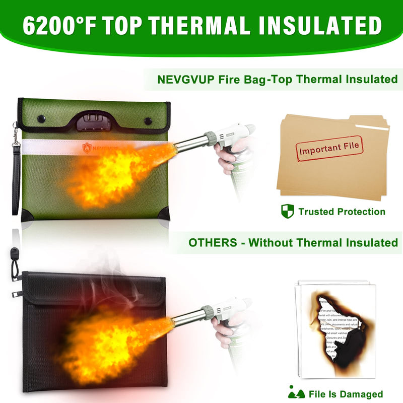 Upgraded 6200°F Fireproof Document Bag with Lock, Fire proof Money Bag for Cash with Zipper/Reflective Strip, 9 Layers of Heat Insulated Materials, Water Resistant Fireproof Bag for Documents,Safe Bag Green Inside Size 13.0“ x 10.0"