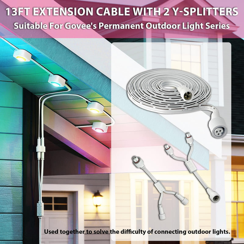 13FT Waterproof Extension Cable, 2 Y-Splitter Kit for Govee H705A H705B H705C H706A H706B H706C H705D H705E H705F,IP68 Permanent Lighting Extension Wire Patio Garden Roof Decorations